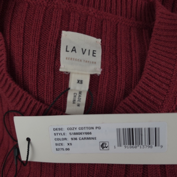 La Vie Rebecca Taylor Cotton Cozy Pullover Sweater In Carmine - Picture 3 of 8